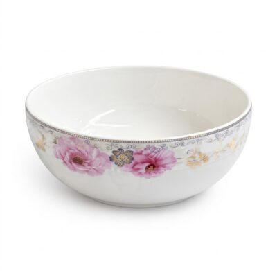 Bol elegant din porțelan alb pentru servire, decorat cu trandafiri roz delicate, flori aurii și o bandă decorativă geometrică aurie și albastră la margine, pe un fundal alb.