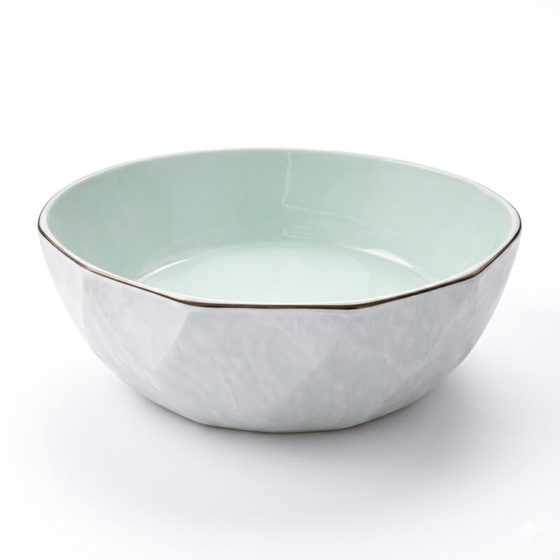 Bol pentru salată, cu interior verde mentă, exterior alb texturat și margine fină, izolat pe fundal alb.