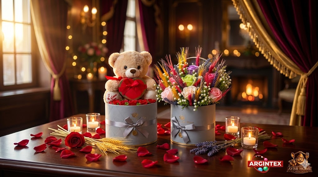 „Aranjamente cadou de Dragobete de la AYBR Home și Argintex, așezate într-un decor romantic cu petale de trandafiri, lumânări și șemineu. Imaginea prezintă o cutie cu ursuleț de pluș și inimă roșie lângă un aranjament cu flori artificiale premium și spice de grâu.”