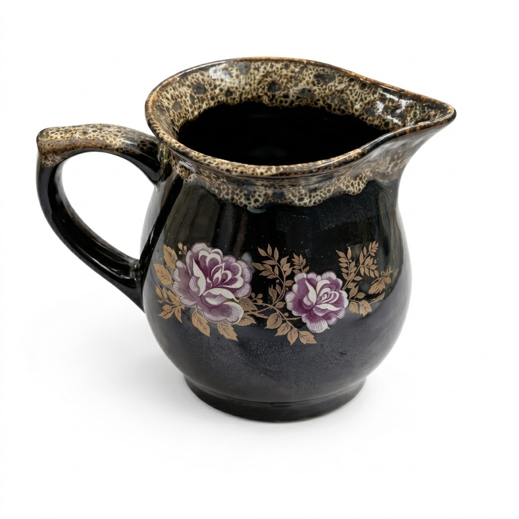 Carafă din ceramică neagră, cu o capacitate de aproximativ 750 ml, decorată cu un model elegant de trandafiri mov și frunze aurii, și o margine și un mâner cu glazură texturată granulată, izolată pe un fundal alb.