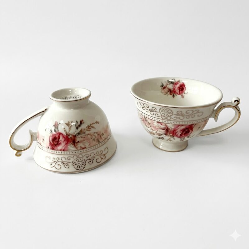 Două cești de cafea sau ceai din porțelan alb, cu design vintage elegant, decorate cu motive florale cu trandafiri roz și finisaje aurii pe margini și toartă, prezentate pe fundal alb.