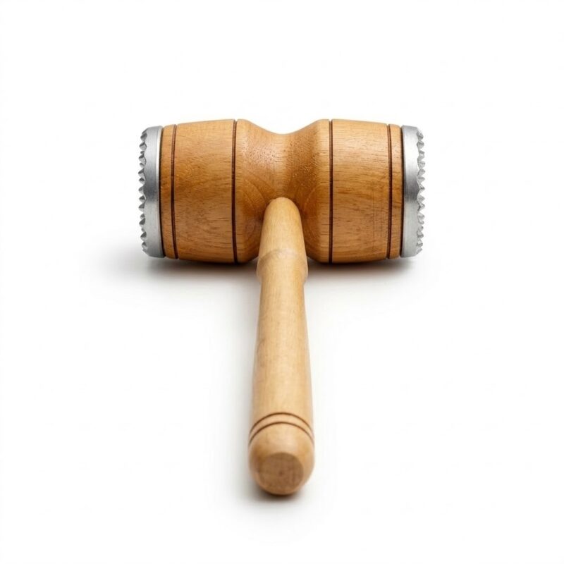 Ciocan din lemn robust cu capete metalice pentru frăgezit carnea și preparat șnițele, vedere frontală