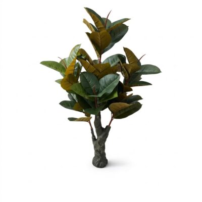 Copac artificial decorativ tip Ficus, cu frunze mari în nuanțe de verde și maro-bronz, tulpini roșiatice și un trunchi gros cu aspect natural texturat.