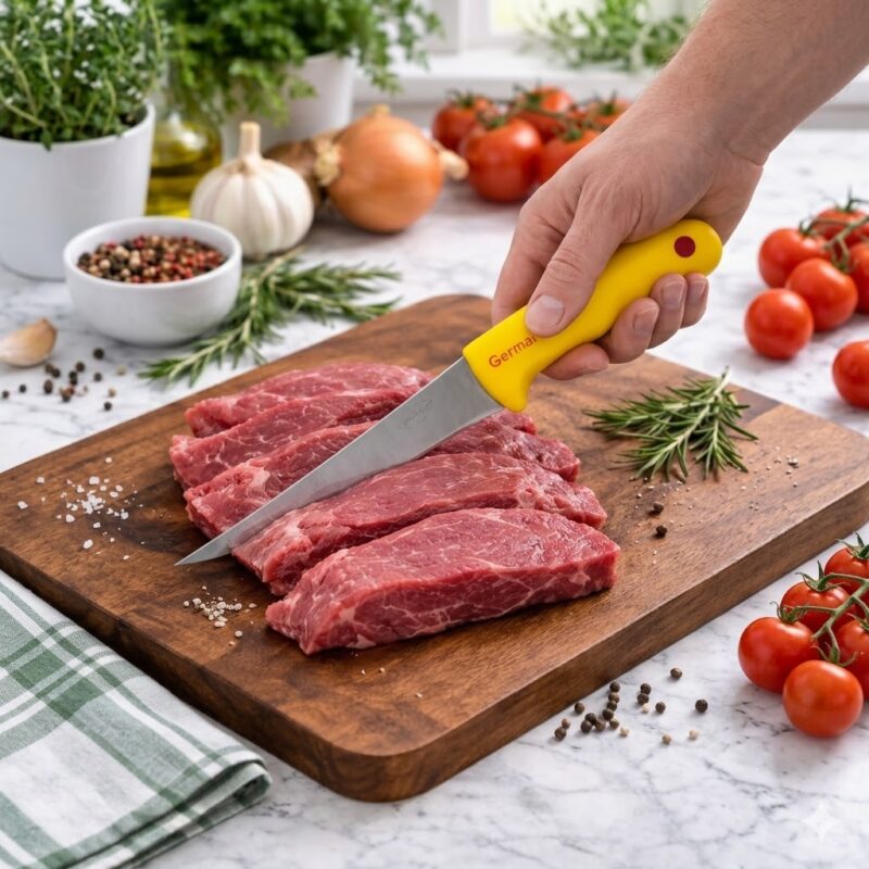 Gemini a spus Set de două cuțite de dezosare identice, cu lamă curbată din oțel inoxidabil. Un cuțit este prezentat în ambalajul său transparent original, în timp ce al doilea este desfăcut și așezat lângă el, ambele având mânere galben aprins antiderapante cu inscripția „German” în roșu.