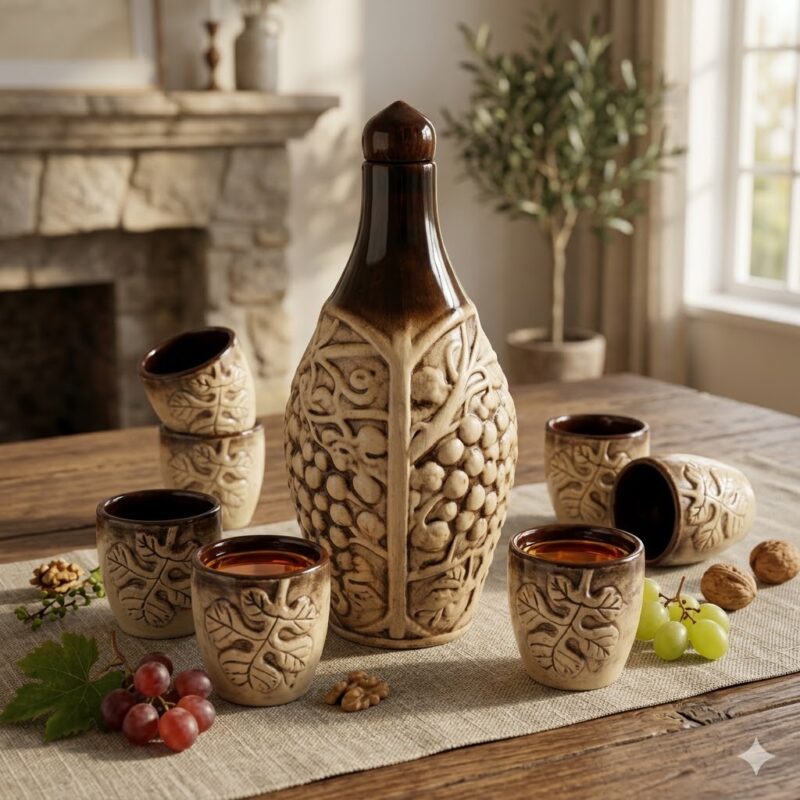 Set din ceramică cu model de struguri, așezat pe o masă din lemn masiv, alături de struguri proaspeți și nuci, într-un decor rustic și primitor.