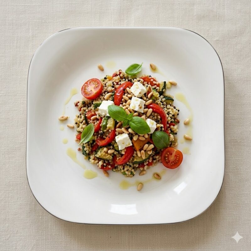 Farfurie albă din porțelan cu formă pătrată și colțuri rotunjite, așezată pe o față de masă din in texturat, prezentând un design modern și minimalist.