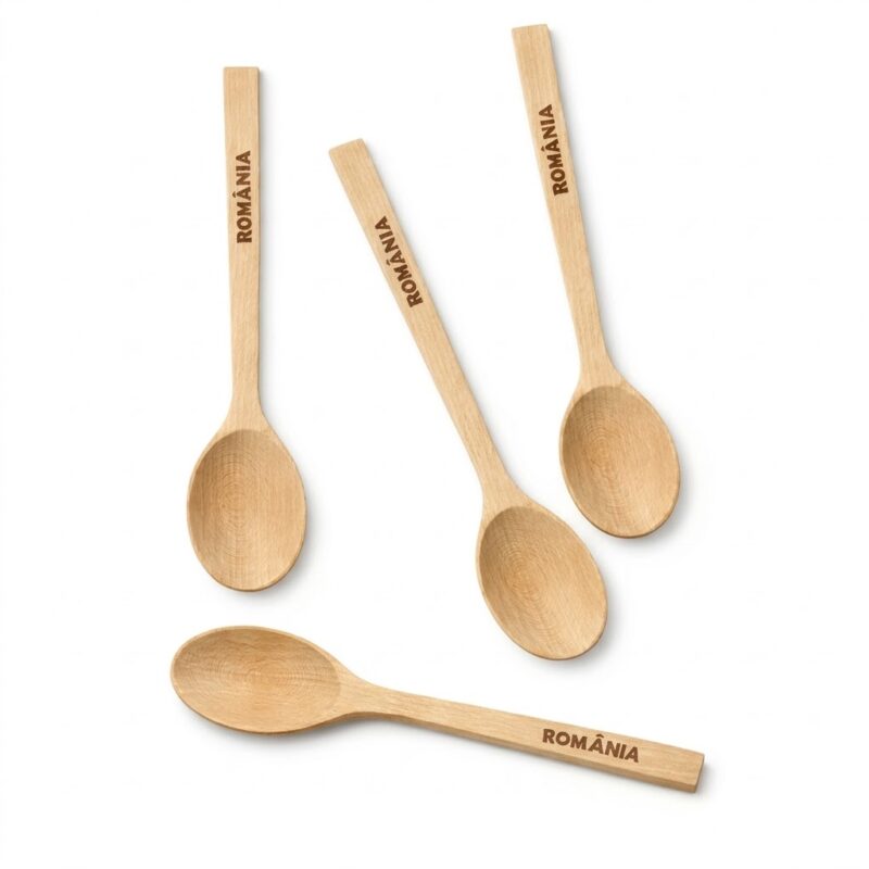 Lingură din lemn finisat manual cu inscripția România pe mâner, suvenir tradițional românesc.