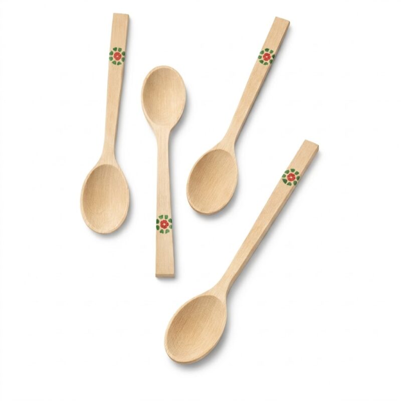 Set de patru linguri din lemn lucrate manual, decorate cu motive florale tradiționale roșii și verzi.