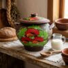 Oală tradițională din lut pictată manual cu motive florale roșii, prezentată într-un decor rustic pe o masă de lemn, lângă o cană cu lapte și pâine proaspătă.