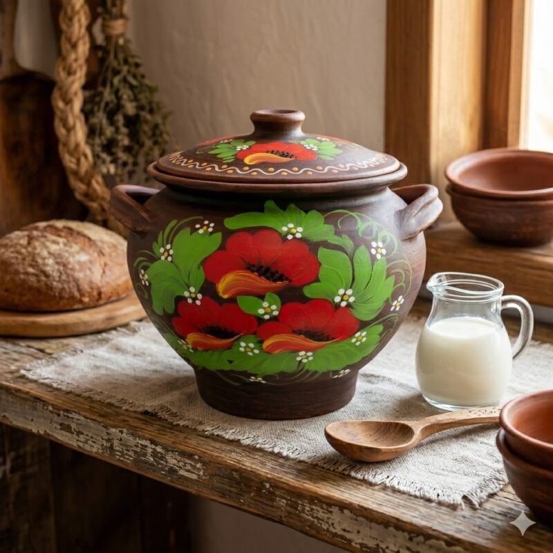 Oală tradițională din lut pictată manual cu motive florale roșii, prezentată într-un decor rustic pe o masă de lemn, lângă o cană cu lapte și pâine proaspătă.