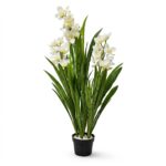 Orhidee artificială albă bogată cu aspect natural, înălțime 150 cm, în ghiveci negru, flori tip Cymbidium
