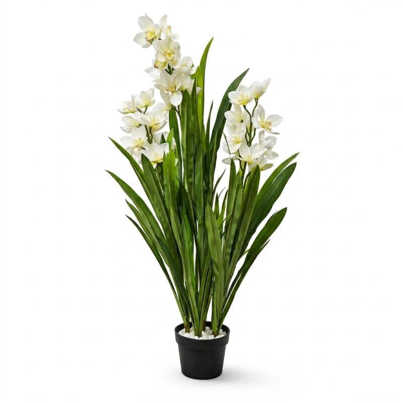 Orhidee artificială albă bogată cu aspect natural, înălțime 150 cm, în ghiveci negru, flori tip Cymbidium
