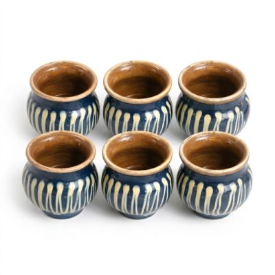 Set 6 păhărele rustice din ceramică smălțuită, interior cafeniu și exterior albastru