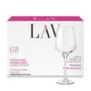 Setul de 6 pahare de vin LAV LAL de 400ml, cu un pahar transparent așezat în fața cutiei pentru prezentare.