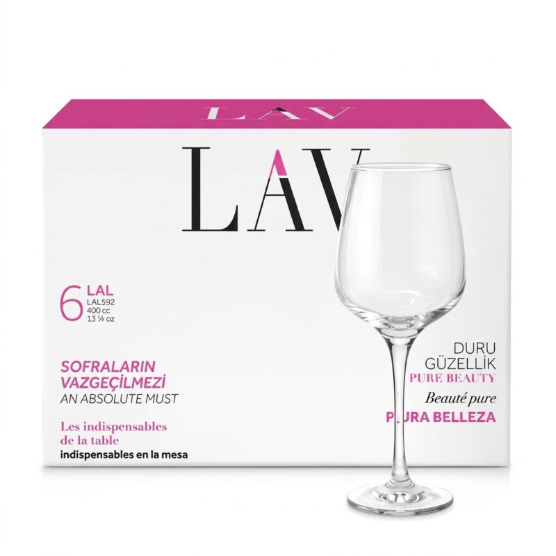 Setul de 6 pahare de vin LAV LAL de 400ml, cu un pahar transparent așezat în fața cutiei pentru prezentare.