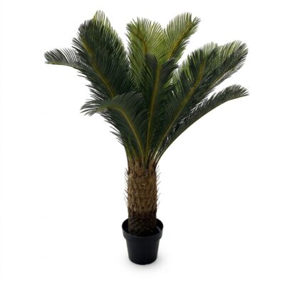 Palmier artificial decorativ tip Cycas, cu frunze verzi și trunchi texturat, așezat într-un ghiveci negru simplu.