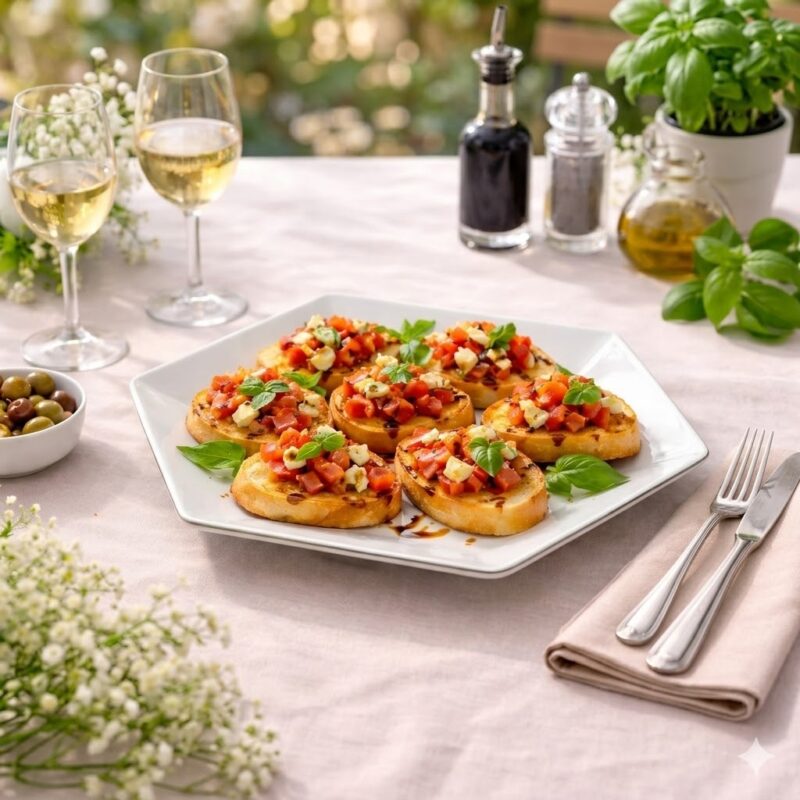 Platou alb hexagonal folosit pentru servirea aperitivelor, plin cu bruschete cu roșii și busuioc, așezat pe o masă festivă alături de pahare cu vin.