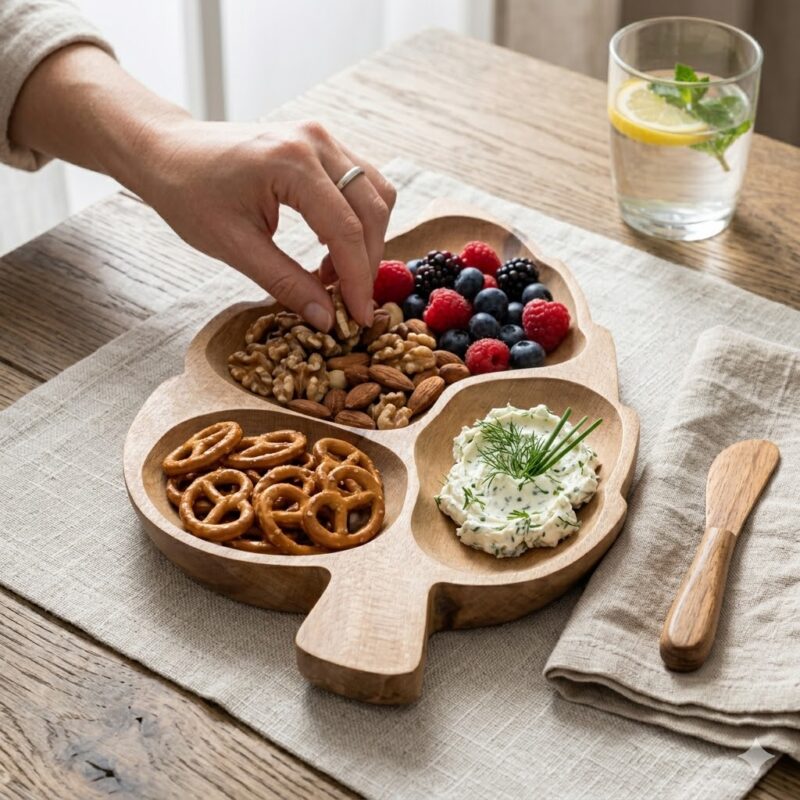 Platou de servire din lemn în formă de frunză, așezat pe o masă cu șervet din in. Platoul este umplut cu aperitive: nuci, fructe de pădure, covrigei și cremă de brânză, iar o persoană ia o gustare din compartimentul de sus.