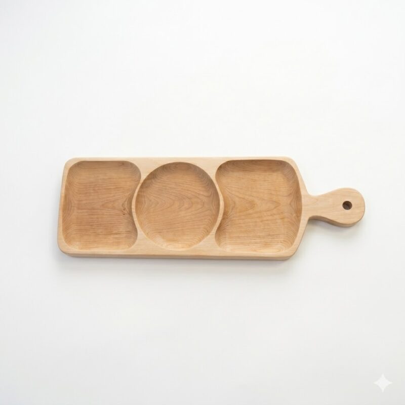 Platou din lemn pentru servire aperitive, cu 3 compartimente și mâner