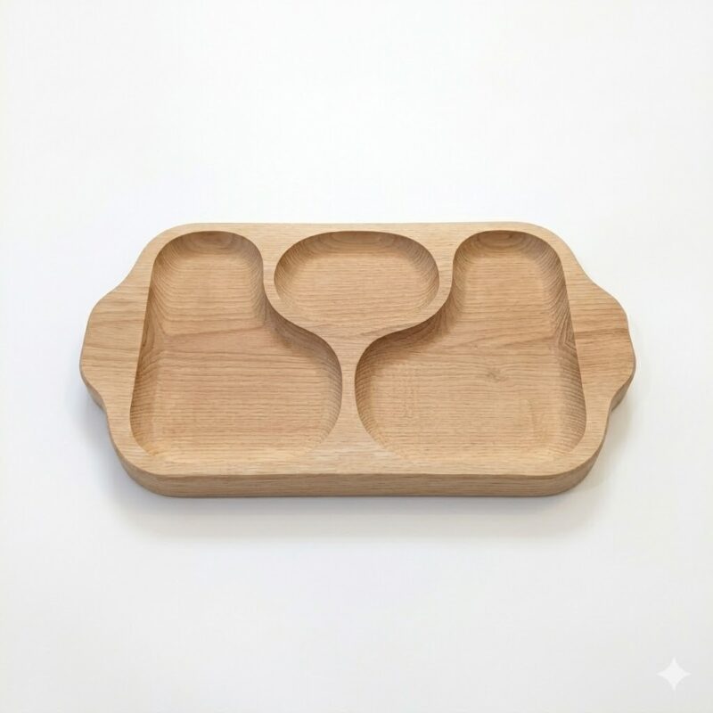 Tavă compartimentată din lemn natur pentru aperitive și brânzeturi, vedere orizontală.