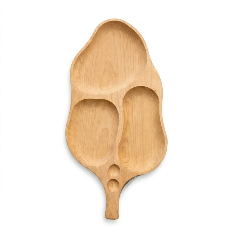 Platou din lemn masiv în formă de frunză cu 5 compartimente scobite