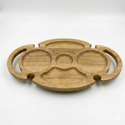 Platou oval din lemn pentru servire aperitive și brânzeturi, prevăzut cu compartimente rotunde și decupaje laterale speciale pentru susținerea paharelor