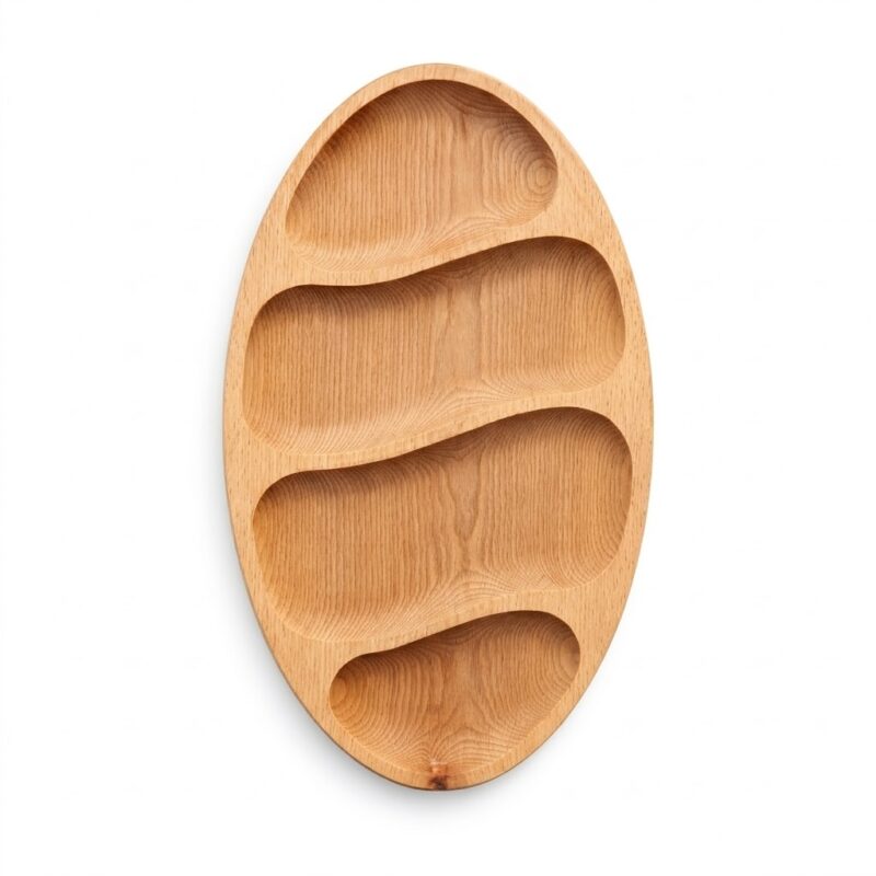 Platou oval din lemn masiv natur, văzut de sus, cu 5 compartimente despărțite prin linii interioare ondulate, pe fundal alb.