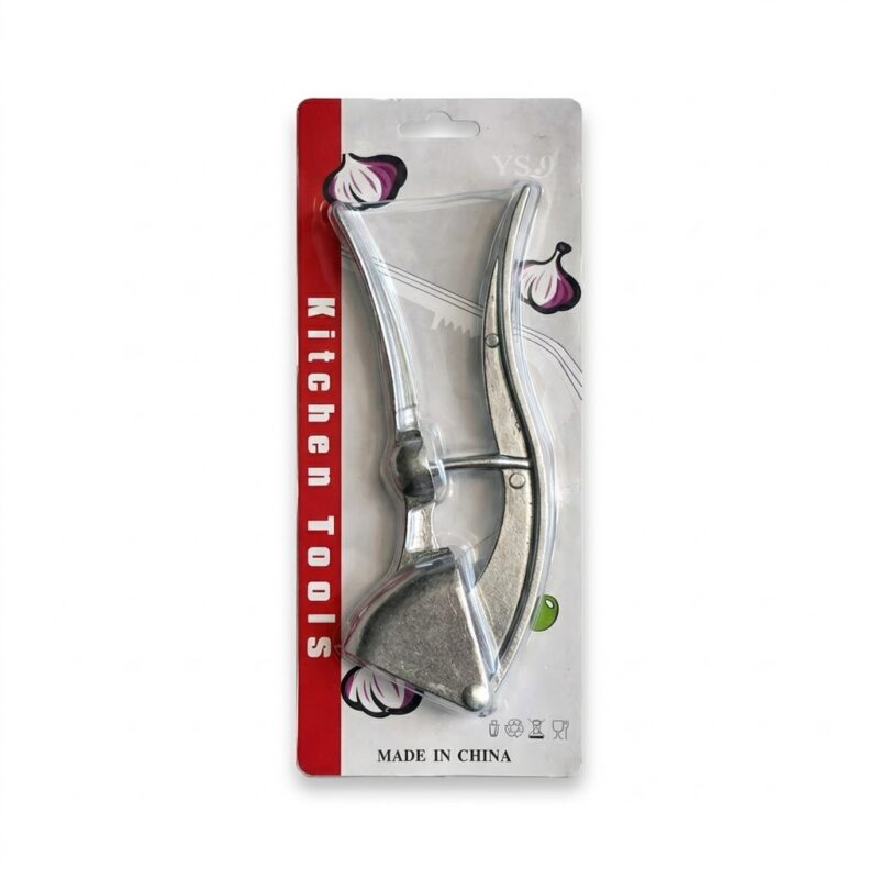 Presă metalică pentru usturoi în ambalajul original de prezentare.