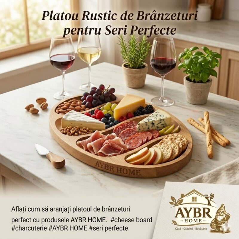 Platou oval din lemn marca AYBR HOME, aranjat cu brânzeturi, mezeluri, struguri și nuci, așezat pe o masă alături de două pahare de vin. Imaginea include textul promoțional Platou Rustic de Brânzeturi pentru Seri Perfecte.