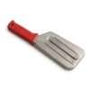 Feliator manual de bucătărie pentru varză și legume, cu corp din oțel inoxidabil și mâner roșu texturat cu gaură de prindere, echipat cu două lame paralele, prezentat pe un fundal alb pur.