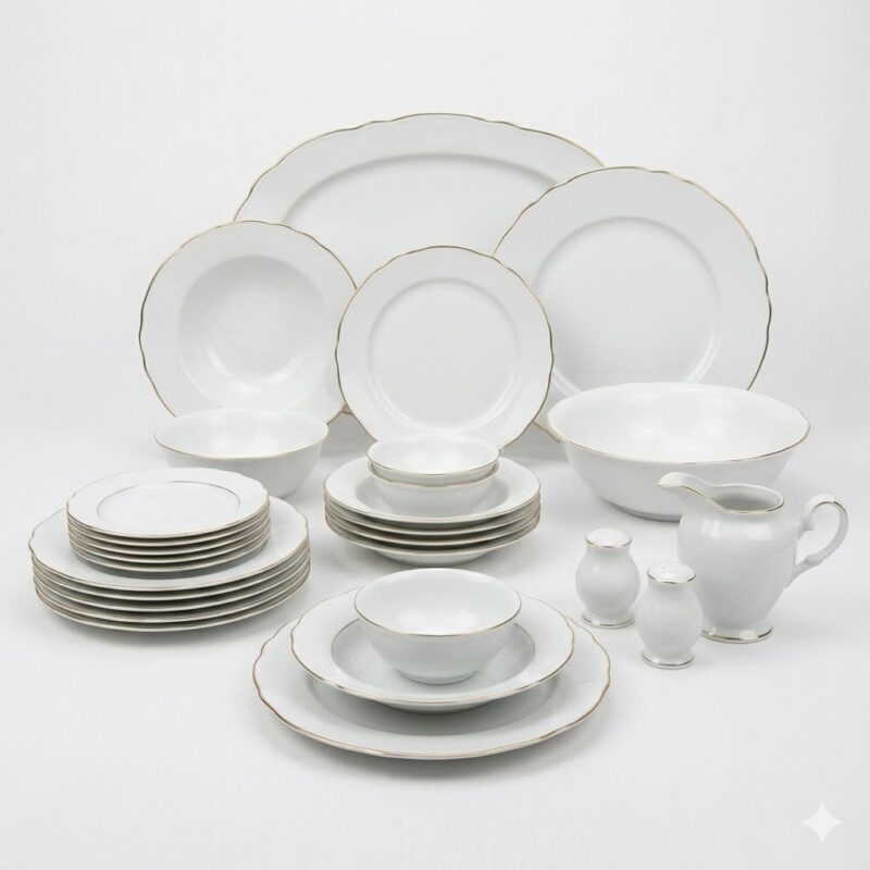 Set complet de farfurii din porțelan alb cu margine aurie ondulată Elegance, 30 piese, expus pe fundal alb.