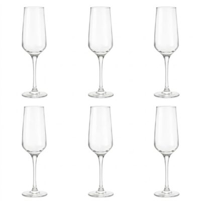 Set 6 pahare elegante pentru șampanie LAV Lal, din sticlă transparentă cu picior lung, vedere frontală pe fundal alb.