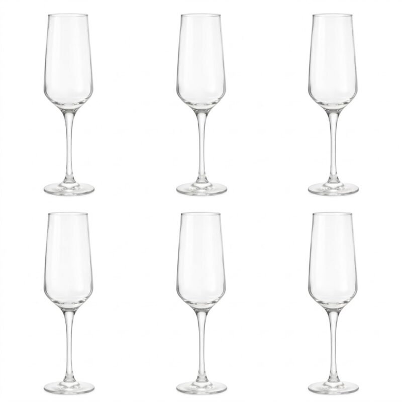 Set 6 pahare elegante pentru șampanie LAV Lal, din sticlă transparentă cu picior lung, vedere frontală pe fundal alb.