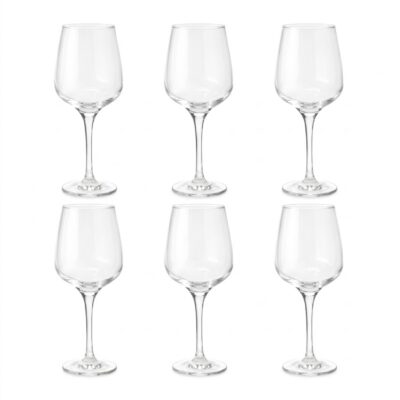 Set de 6 pahare elegante din sticlă transparentă pentru vin, brand LAV, colecția LAL, capacitate 400ml, pe fundal alb.