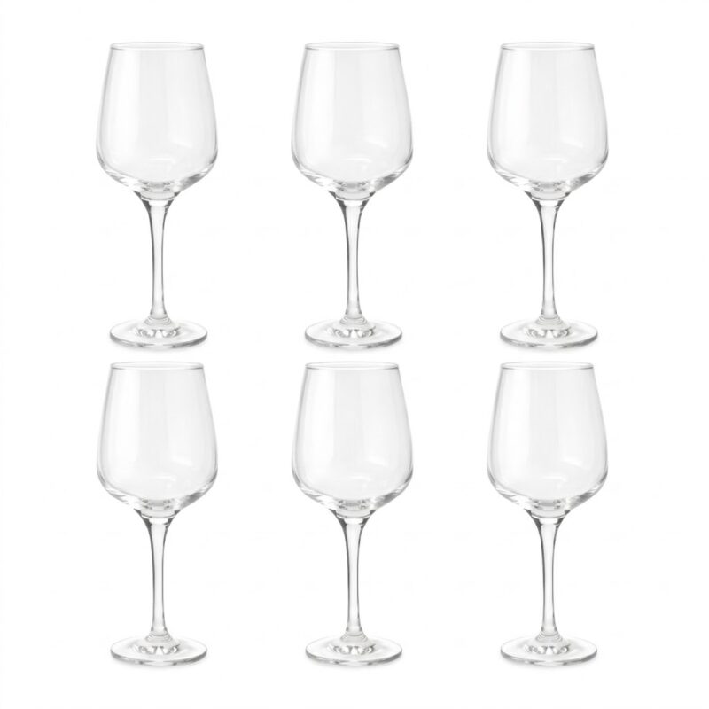 Set de 6 pahare elegante din sticlă transparentă pentru vin, brand LAV, colecția LAL, capacitate 400ml, pe fundal alb.