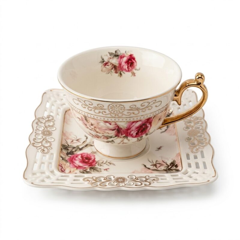 Set elegant format dintr-o ceașcă de porțelan și o farfurioară pătrată asortată cu margini decupate (ajurate). Setul are un design vintage cu imprimeu floral cu trandafiri și accente aurii rafinate, pe fundal alb.