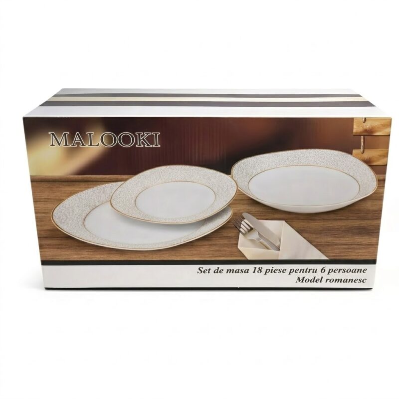 Set de masă Malooki din 18 piese pentru 6 persoane, model românesc, aranjat pe o masă din lemn, cu cutia în fundal.