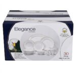 Set complet de farfurii din porțelan alb cu margine aurie ondulată Elegance, 30 piese, expus pe fundal alb.