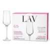 Pahar de șampanie din sticlă LAV Lal prezentat alături de cutia de ambalaj originală pentru setul de 6 bucăți.