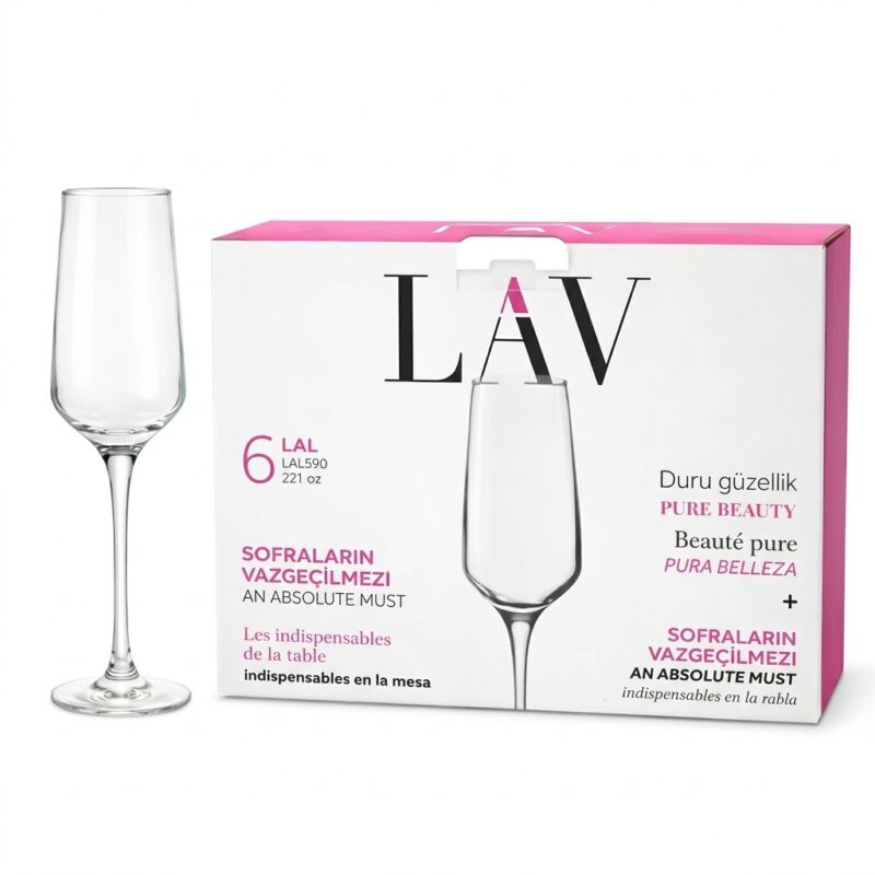 Pahar de șampanie din sticlă LAV Lal prezentat alături de cutia de ambalaj originală pentru setul de 6 bucăți.