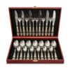 Set de tacâmuri din inox cu detalii aurii în cutie de lemn elegantă
