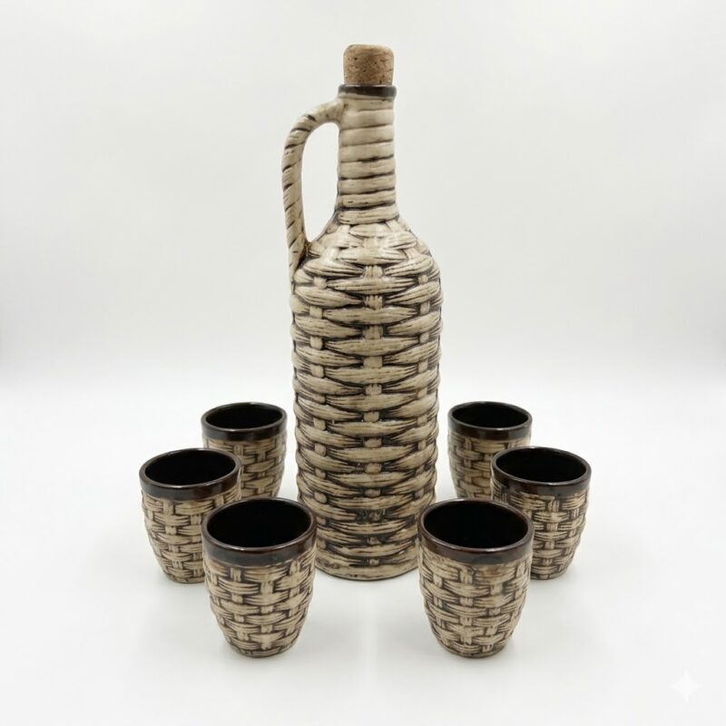 Set rustic din ceramică, format dintr-o sticlă cu dop de plută și 6 cănițe, cu design ce imită împletitura de nuiele, pe fundal alb.