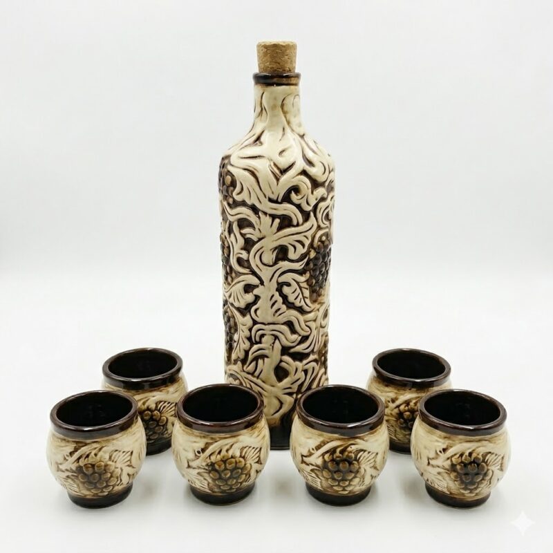 Set tradițional din ceramică format din sticlă și 6 pahare, decorat cu motive în relief cu struguri și viță de vie, pe fundal alb.