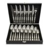 Set de tacâmuri din inox cu 24 de piese, așezate într-o cutie de prezentare neagră, design modern și elegant.