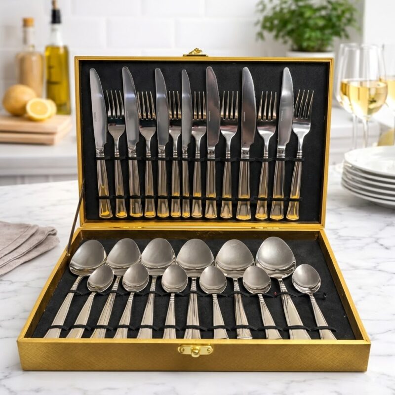 Un set complet de tacâmuri din oțel inoxidabil premium, așezate ordonat într-o cutie de prezentare aurie, pe un blat de bucătărie din marmură albă.