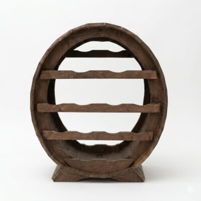 Suport de vinuri realizat din lemn masiv în formă de butoi, cu rafturi orizontale pentru depozitarea sticlelor, stil rustic.