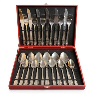 Un set complet de tacâmuri premium din oțel inoxidabil, așezate ordonat într-o cutie de prezentare roșie vibrantă.