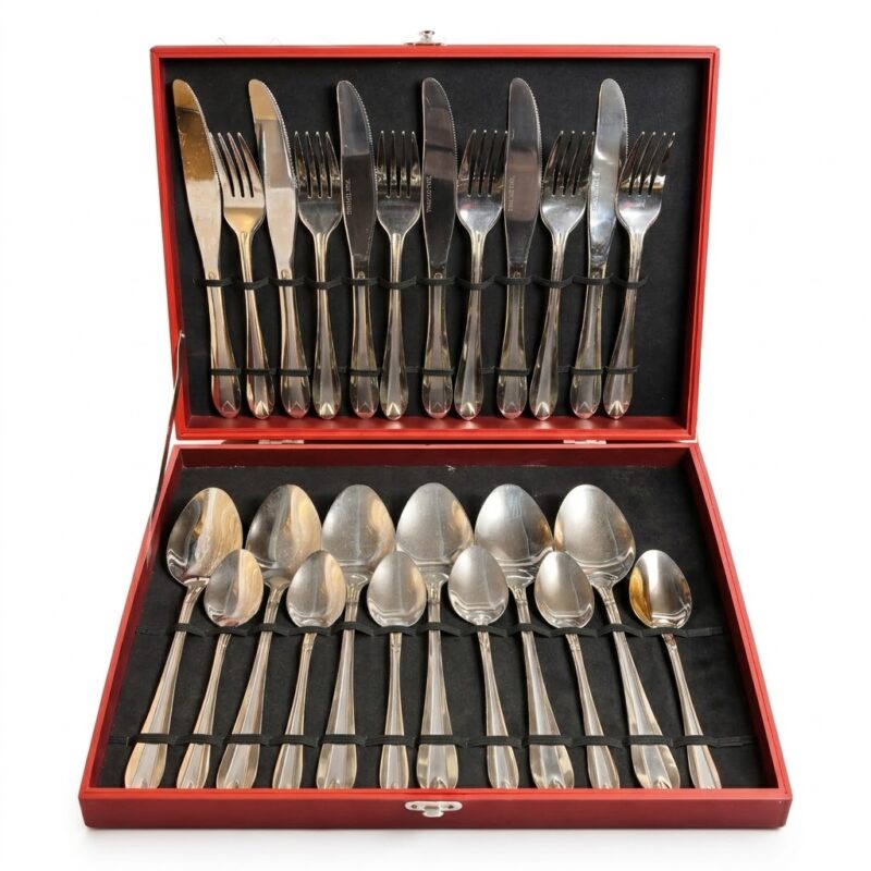 Un set complet de tacâmuri premium din oțel inoxidabil, așezate ordonat într-o cutie de prezentare roșie vibrantă.