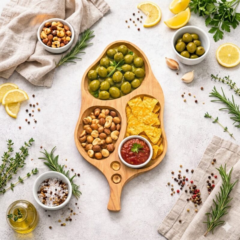 Platou rustic din lemn în formă de frunză, așezat pe o masă din scânduri de lemn, alături de baghete, rozmarin, sos de ardei și usturoi pe pânză.