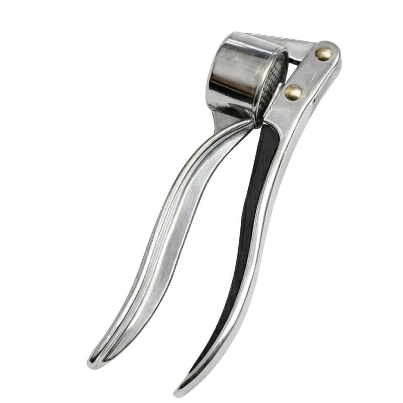 Presă de usturoi din inox cu mâner ergonomic pentru bucătărie.